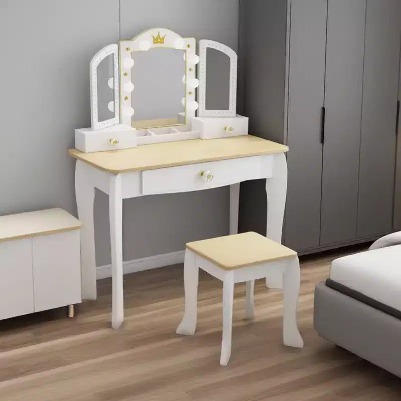 Freniland - Coiffeuse Princesse pour Enfants avec Miroir Lumineux et Tabouret, Table de Maquillage en Bois avec Tiroirs de Rangement