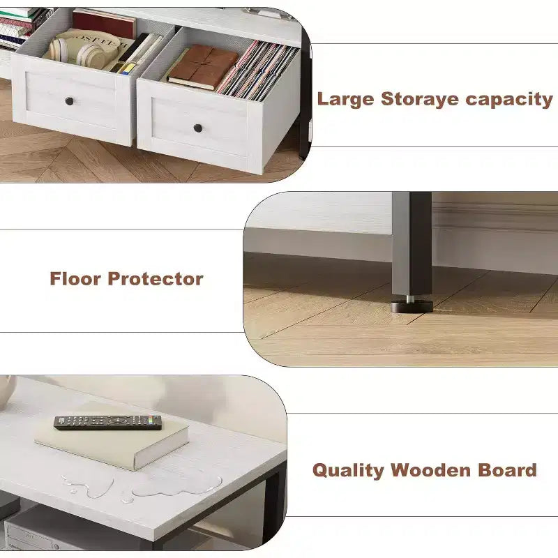 Meuble TV rustique de 180 cm avec rangement - Pour téléviseurs jusqu'à 75 pouces, 2 tiroirs et étagères ouvertes, meuble TV de style industriel avec cadre en métal