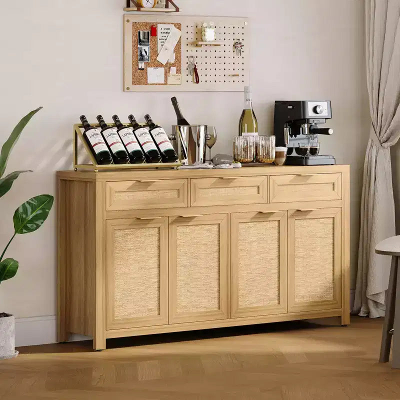 Buffet de salle à manger avec rangement de 160 cm, Bahut de style rustique avec bar à café, 3 tiroirs, 4 portes et étagères réglables pour salle à manger et cuisine