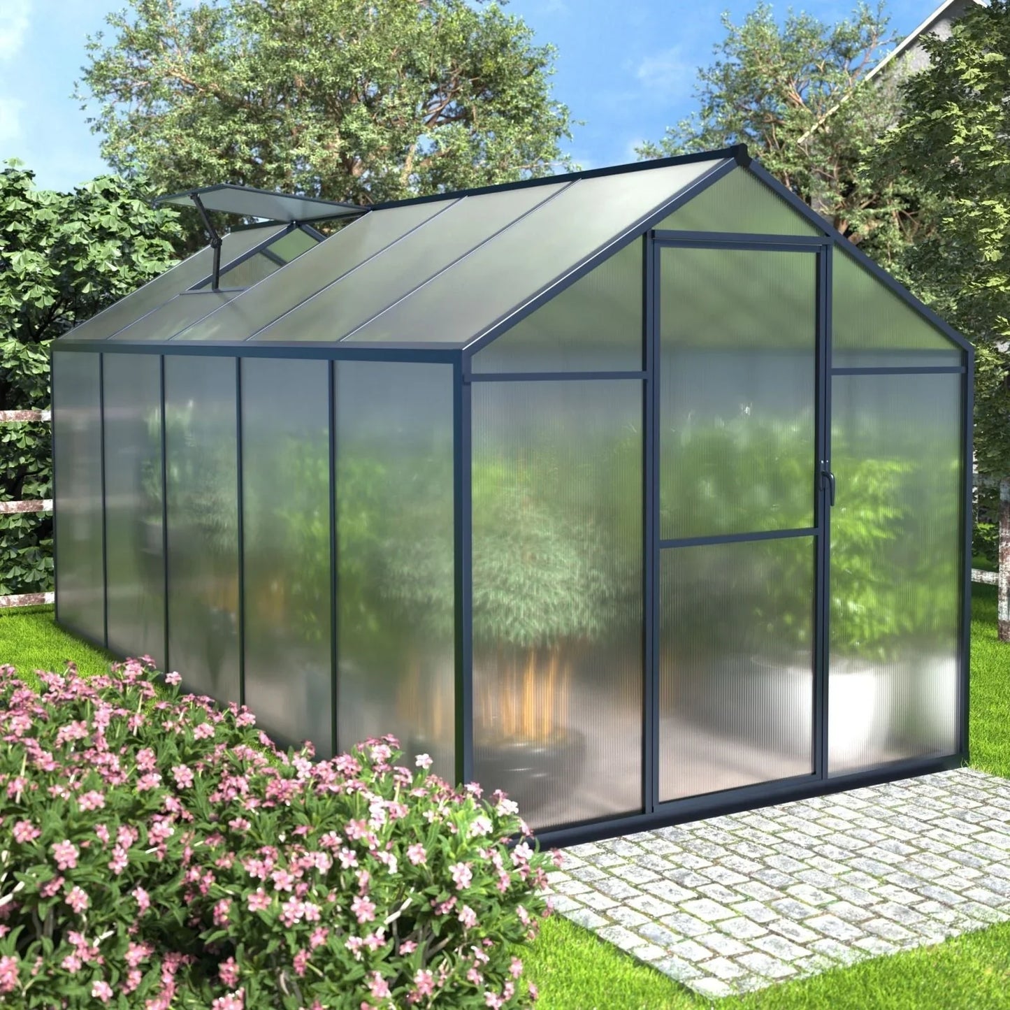 Serre de jardin aluminium VEIKOUS avec évent de toit réglable et porte verrouillable Grise