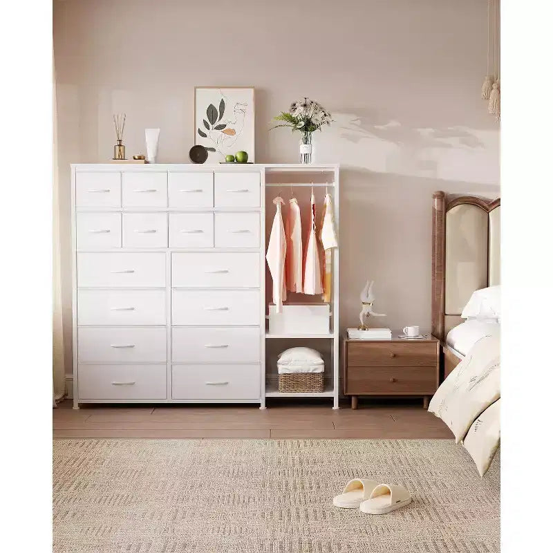 Commode de rangement avec 16 tiroirs, tringle à vêtements et étagères, organisateur de rangement en tissu pour chambre à coucher, placard ou entrée