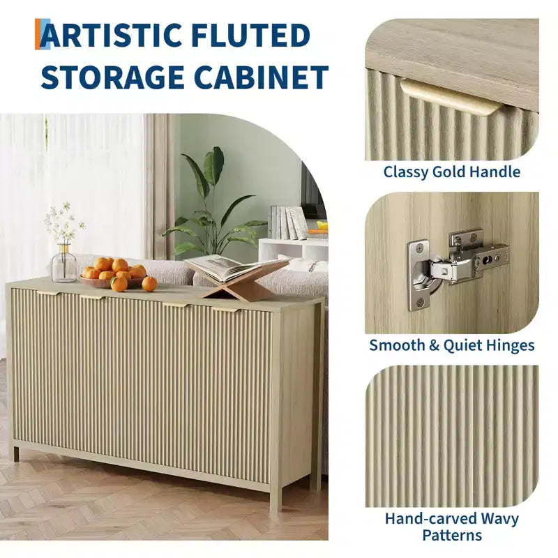 Buffet cannelé de 140 cm, grand bahut moderne avec 4 portes, étagères réglables, console pour salon, cuisine, entrée