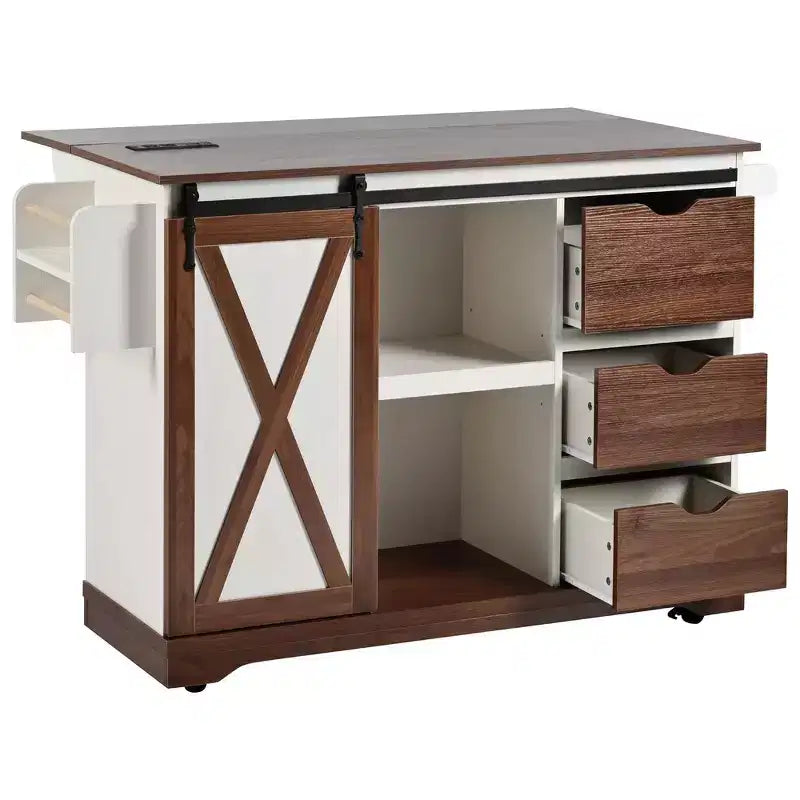 Îlot de cuisine de ferme Whisen 55.5 avec abattant, porte coulissante et station de recharge, design roulant