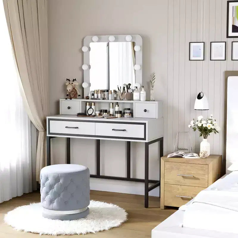 Coiffeuse avec miroir lumineux, table de maquillage Hollywood 3 couleurs dimmable avec 4 tiroirs