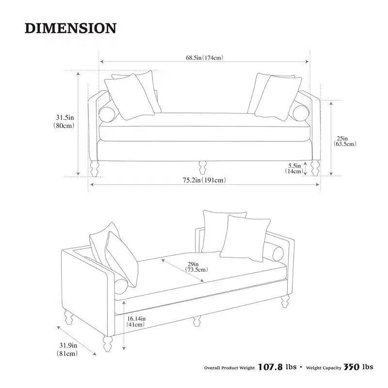 Clihome Chaise longue capitonnée en chenille de 75,2 po avec oreillers et clous décoratifs