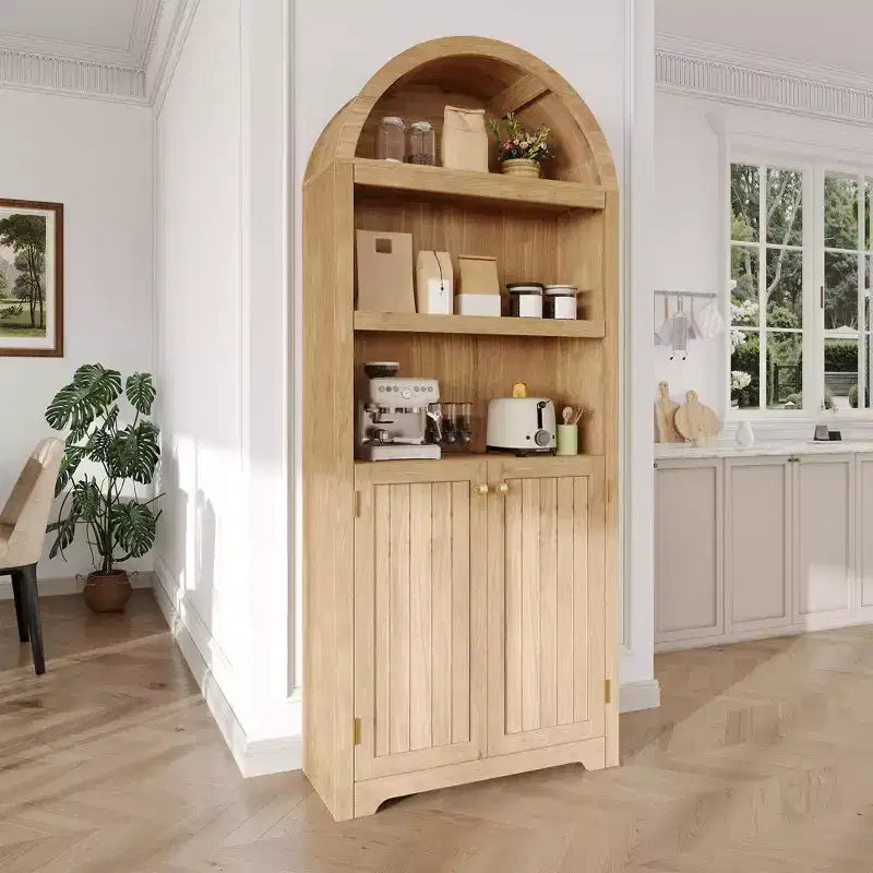 Meuble haut arqué GustoWave 71.6, Bibliothèque à 5 niveaux avec portes et étagères réglables, Armoire de rangement