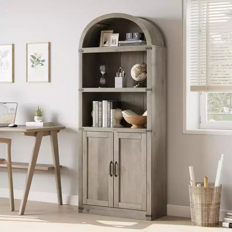 Bibliothèque GustoWave avec portes, étagère arquée de 182 cm de haut, meuble de rangement de style ferme avec étagères, bibliothèques en bois pour bureau à domicile