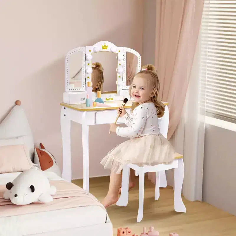 Freniland - Coiffeuse Princesse pour Enfants avec Miroir Lumineux et Tabouret, Table de Maquillage en Bois avec Tiroirs de Rangement