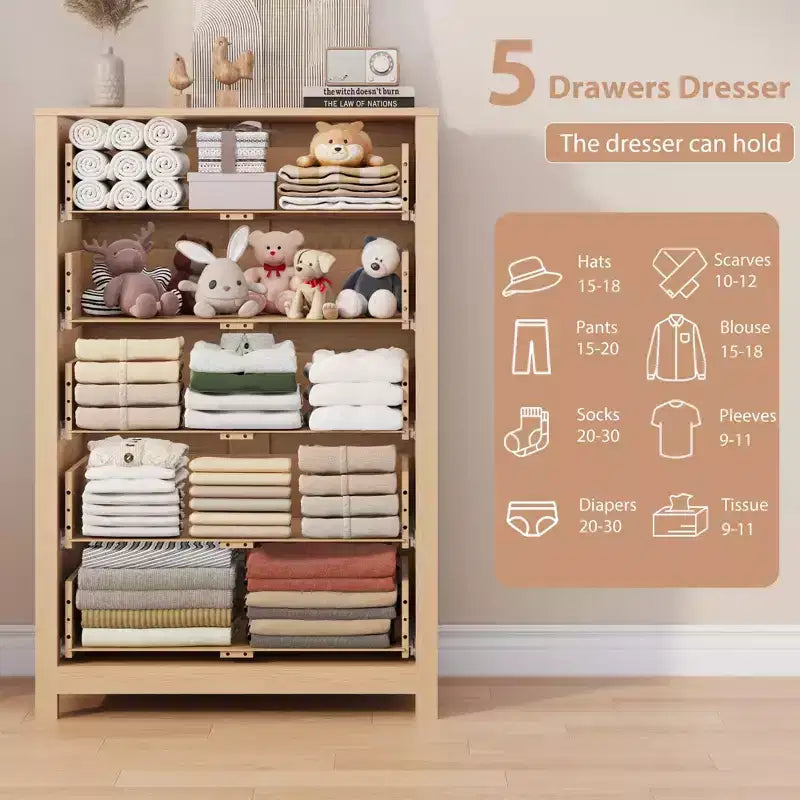 Commode moderne à 5 tiroirs avec rangement profond, coffre en bois élégant pour chambre à coucher, salon, entrée, offrant un grand espace pour une décoration intérieure organisée