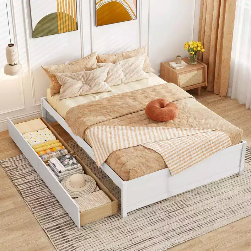 Lit plateforme en bois Costway, pleine/double, avec 2 tiroirs de rangement roulants, support à lattes en bois, naturel/blanc