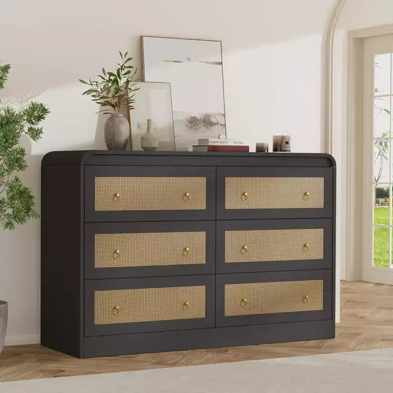 Commode à 6 tiroirs en rotin pour chambre à coucher, commode en bois de 117 cm de large, meuble TV, organisateur de rangement pour vêtements pour salon, noir