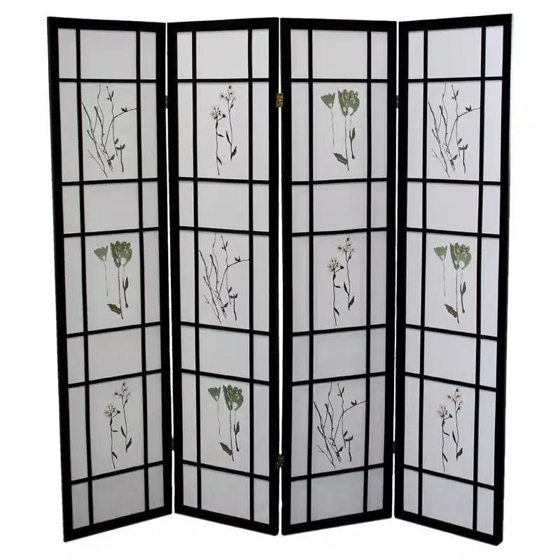 Paravent 4 Panneaux Bordure Cerisier - Ore International : Aucun assemblage requis, 177,8 cm x 152,4 cm Motif botanique noir