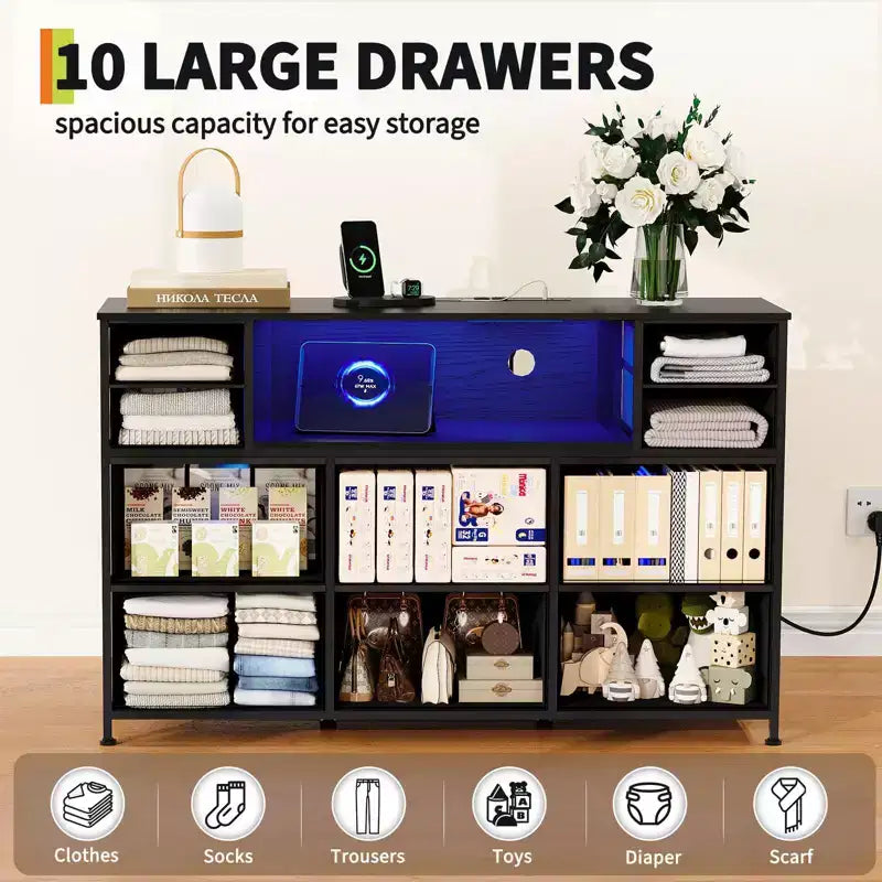 Commode de rangement à 10 tiroirs avec support TV, bande lumineuse LED et prises électriques, commode en tissu avec plateau en bois, meuble TV pour téléviseur de 55 pouces, commode de rangement