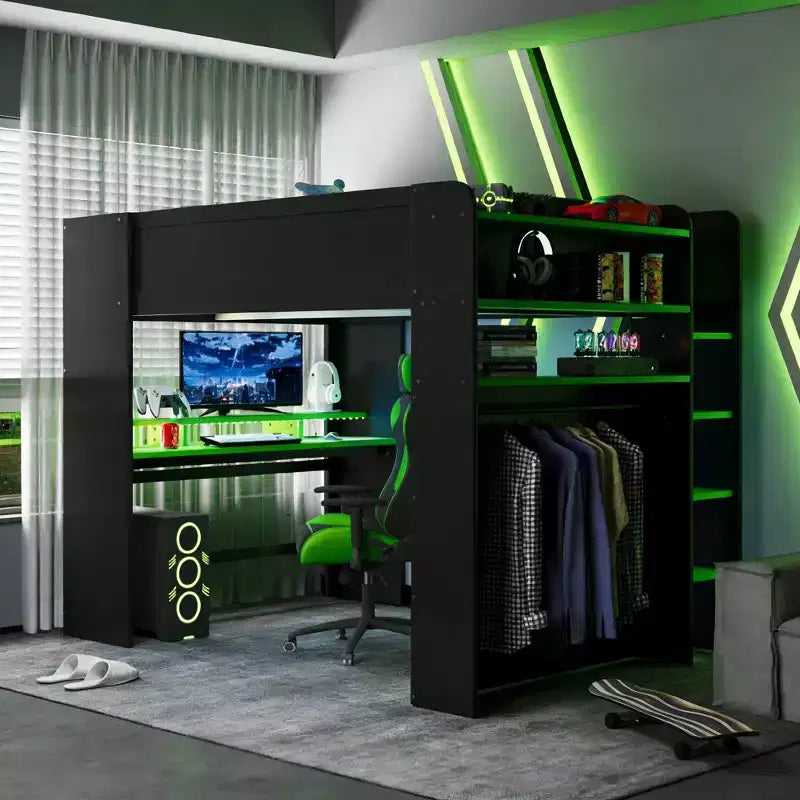 Lit mezzanine double Luxystar avec bureau réglable lumineux, armoire ouverte et bibliothèque