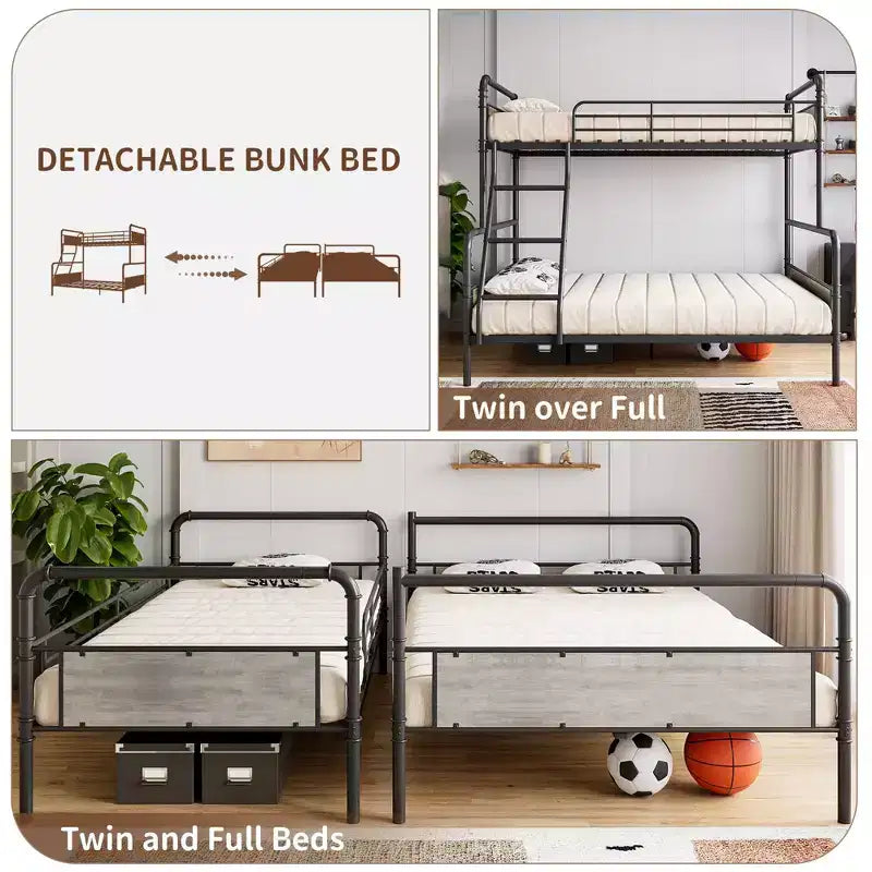 Lit superposé double avec lit inférieur double et barrière de sécurité haute, lits superposés convertibles en métal de taille double pour enfants/adolescents, montage facile, aucun sommier tapissier requis