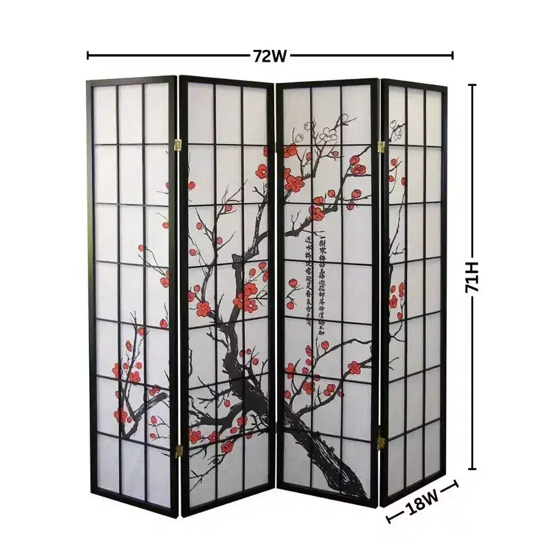 Séparateur de pièce Roundhill Furniture à 4 panneaux japonais, motif fleur de prunier