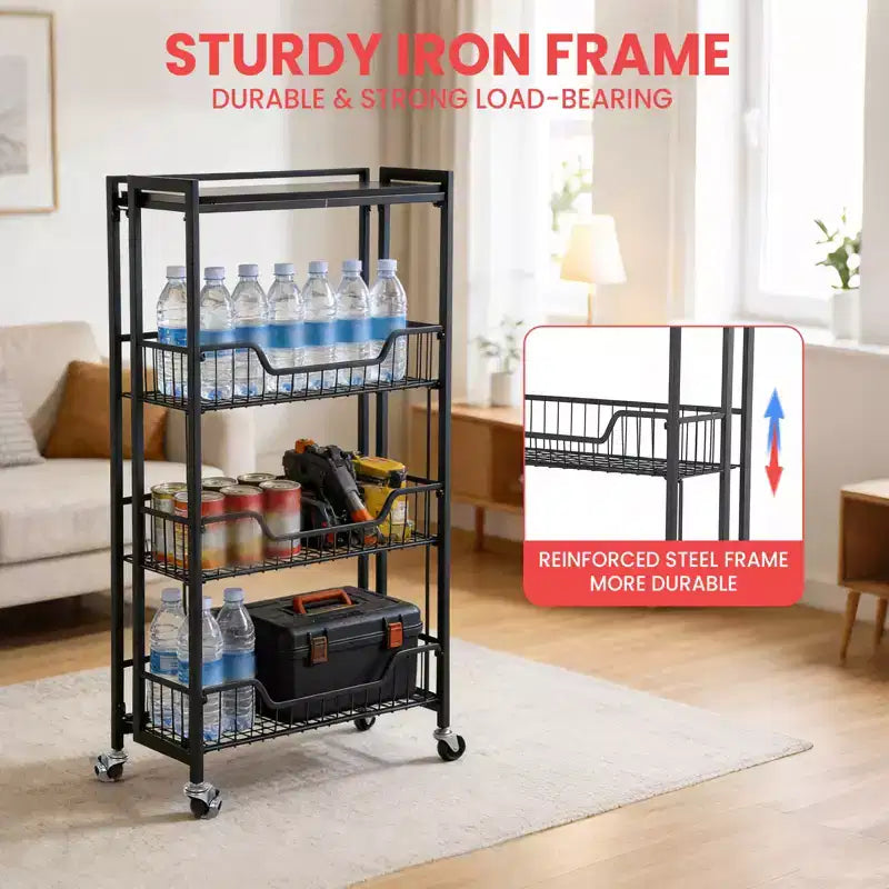 Chariot de Rangement de Cuisine Pliable à 3 Niveaux, Cadre et Étagères en Fer, Organisateur de Garde-Manger Gain de Place pour Fruits, Collations, Chariot de Service avec Roulettes Verrouillables