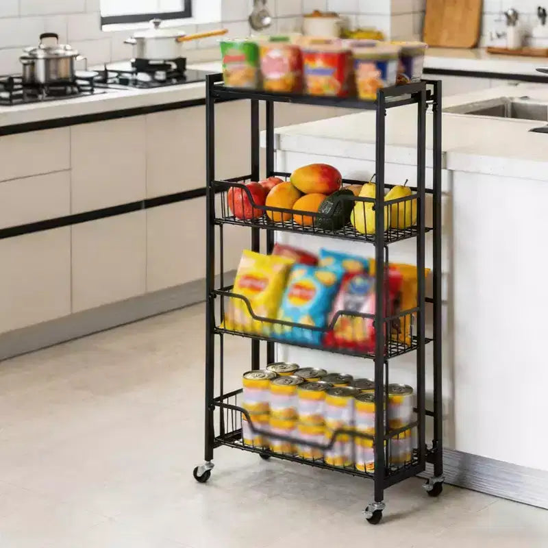Chariot de Rangement de Cuisine Pliable à 3 Niveaux, Cadre et Étagères en Fer, Organisateur de Garde-Manger Gain de Place pour Fruits, Collations, Chariot de Service avec Roulettes Verrouillables