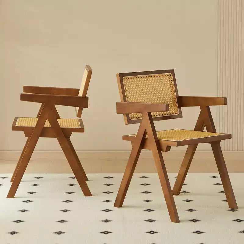 Lot de 2 chaises de salle à manger Okak en bois massif, chaises de salle à manger avec dossier en rotin et accoudoirs, chaises d'appoint de cuisine simples pour table de salon