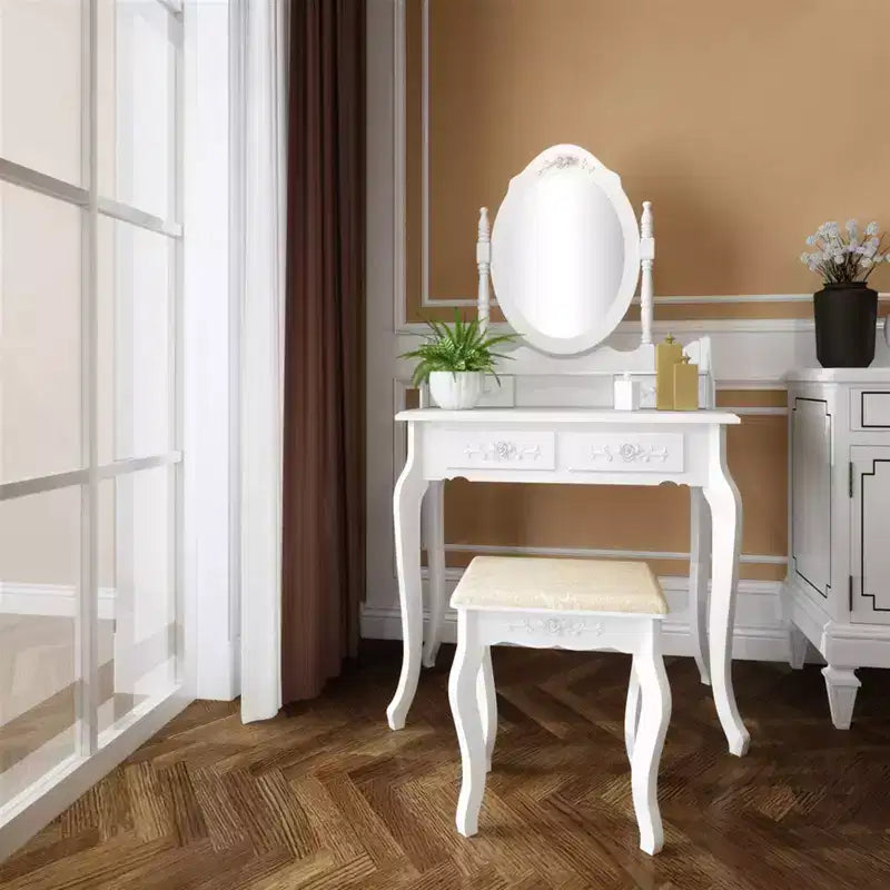 Coiffeuse avec tabouret, table de maquillage avec miroir rotatif à 360°, coiffeuse avec tabouret rembourré et 4 tiroirs