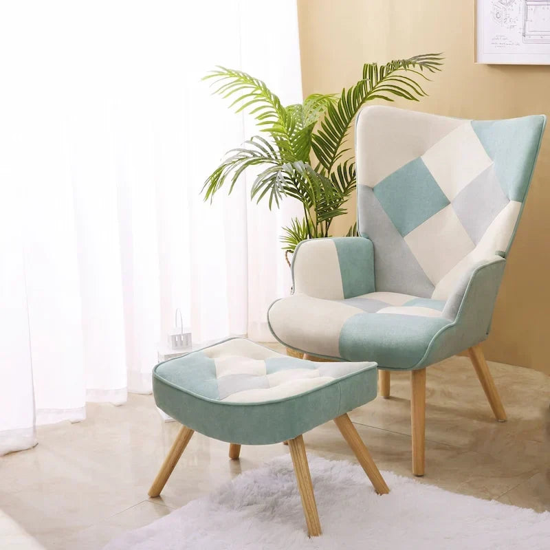 Fauteuil d'appoint avec pouf, ensemble fauteuil et pouf de salon, fauteuil d'appoint confortable pour chambre à coucher, surface en tissu à épissures créatives
