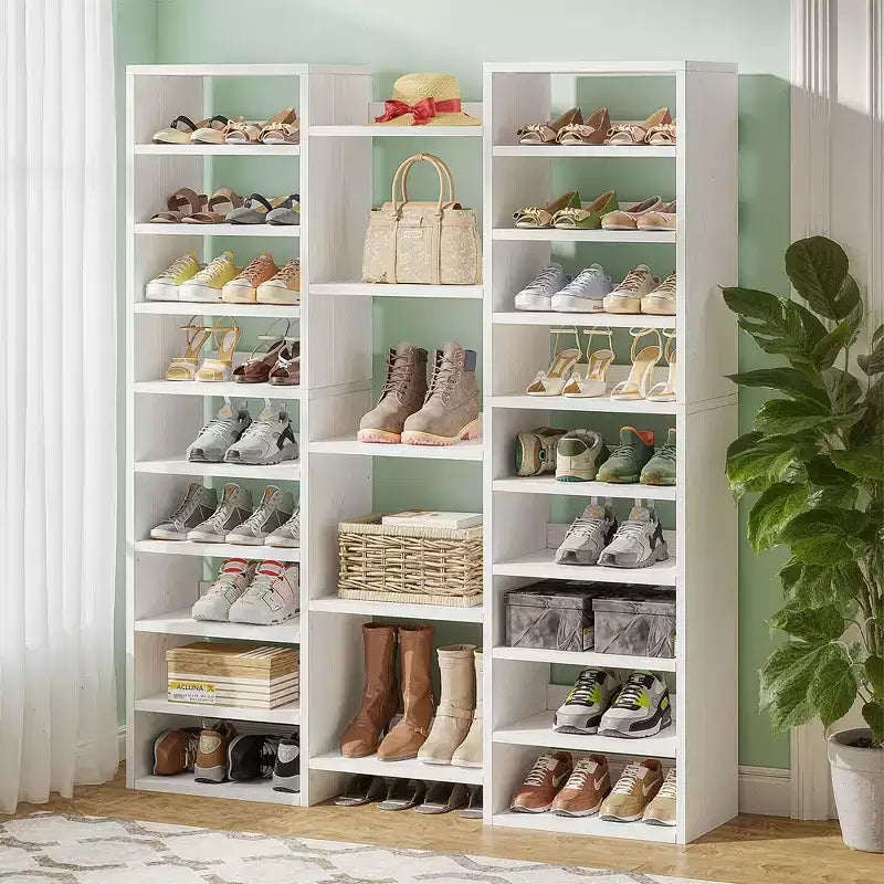 MAYEERTY Grand range-chaussures blanc à 14 niveaux et 23 étagères, organiseur de chaussures vertical d'une capacité de 46 paires pour petits espaces