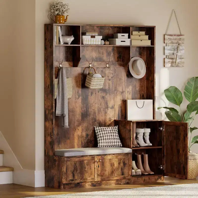 Banc et Rangement à Chaussures, Banc d'entrée de Ferme 3-en-1 avec Porte-Manteau, 4 Crochets, 4 Casiers à Chaussures et 3 Compartiments Ouverts, pour Entrée, Vestiaire