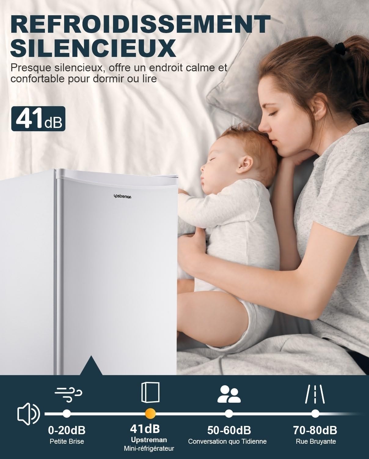 Upstreman Petit Frigo avec Congélateur de 91L, Bac à Légumes, Thermostat Réglable, Silencieux, Petit Frigo de Bureau, Porte Réversible, Réfrigérateur