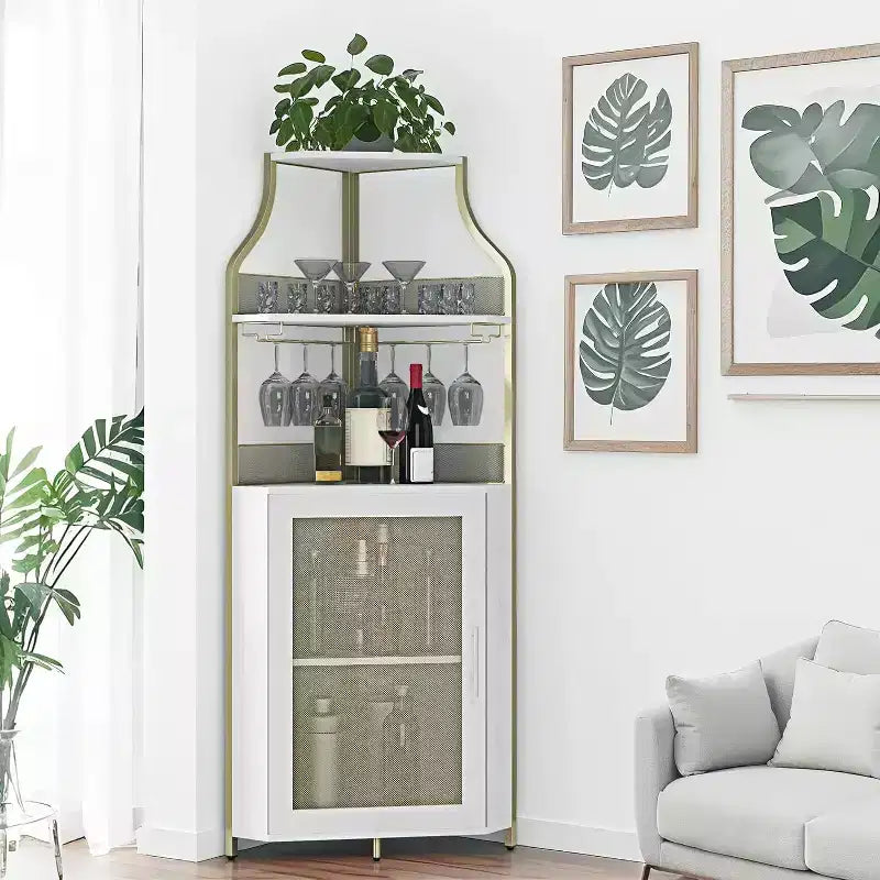 Meuble de bar d'angle CuisinSmart avec casier à vin amovible, meuble de bar avec porte-verres, petit buffet et armoire de rangement avec porte grillagée