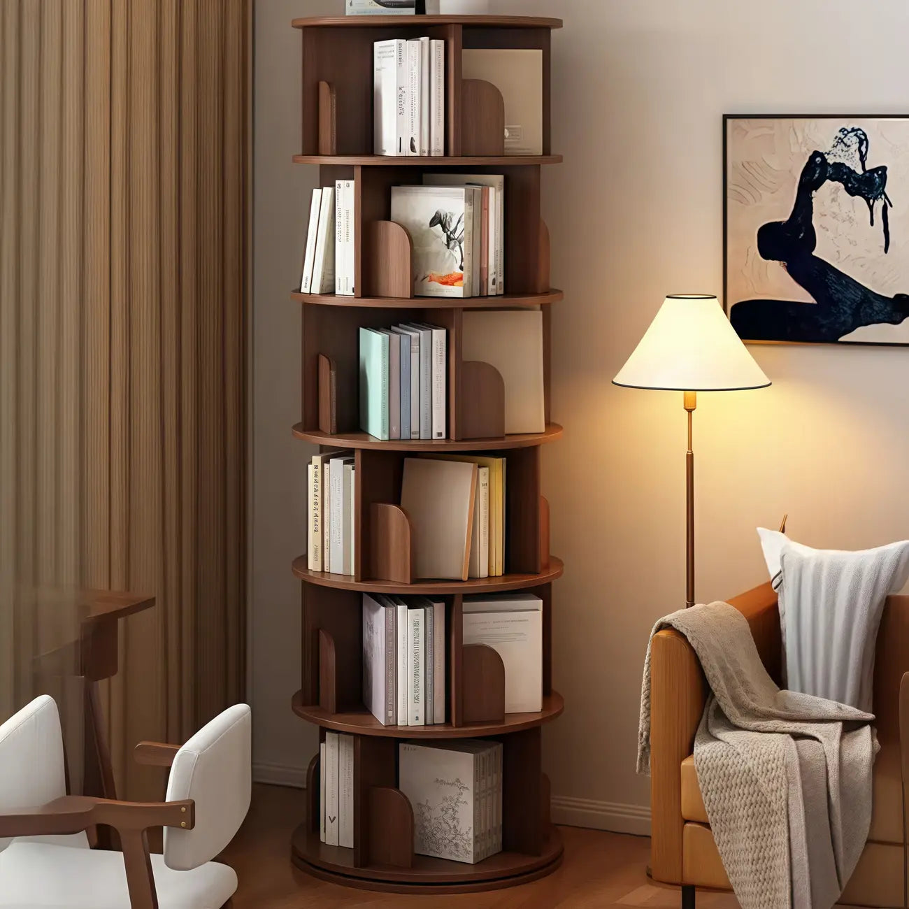 Bibliothèque cylindrique en bois brun à dos ouvert et rotative
