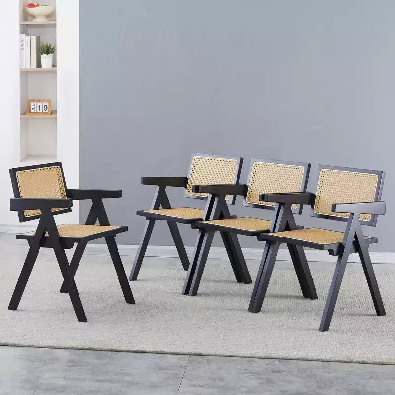 Lot de 2 chaises de salle à manger Okak en bois massif, chaises de salle à manger avec dossier en rotin et accoudoirs, chaises d'appoint de cuisine simples pour table de salon
