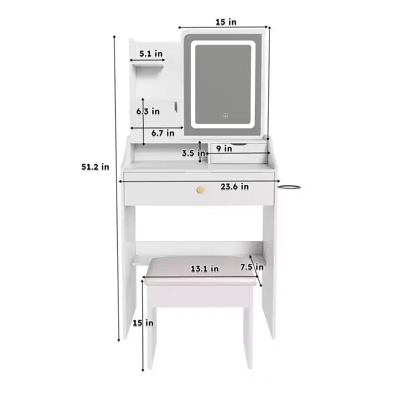 Coiffeuse JVNOXK avec miroir lumineux LED et prise électrique, 3 tiroirs, 7 étagères et tabouret de rangement, convient aux femmes, blanc