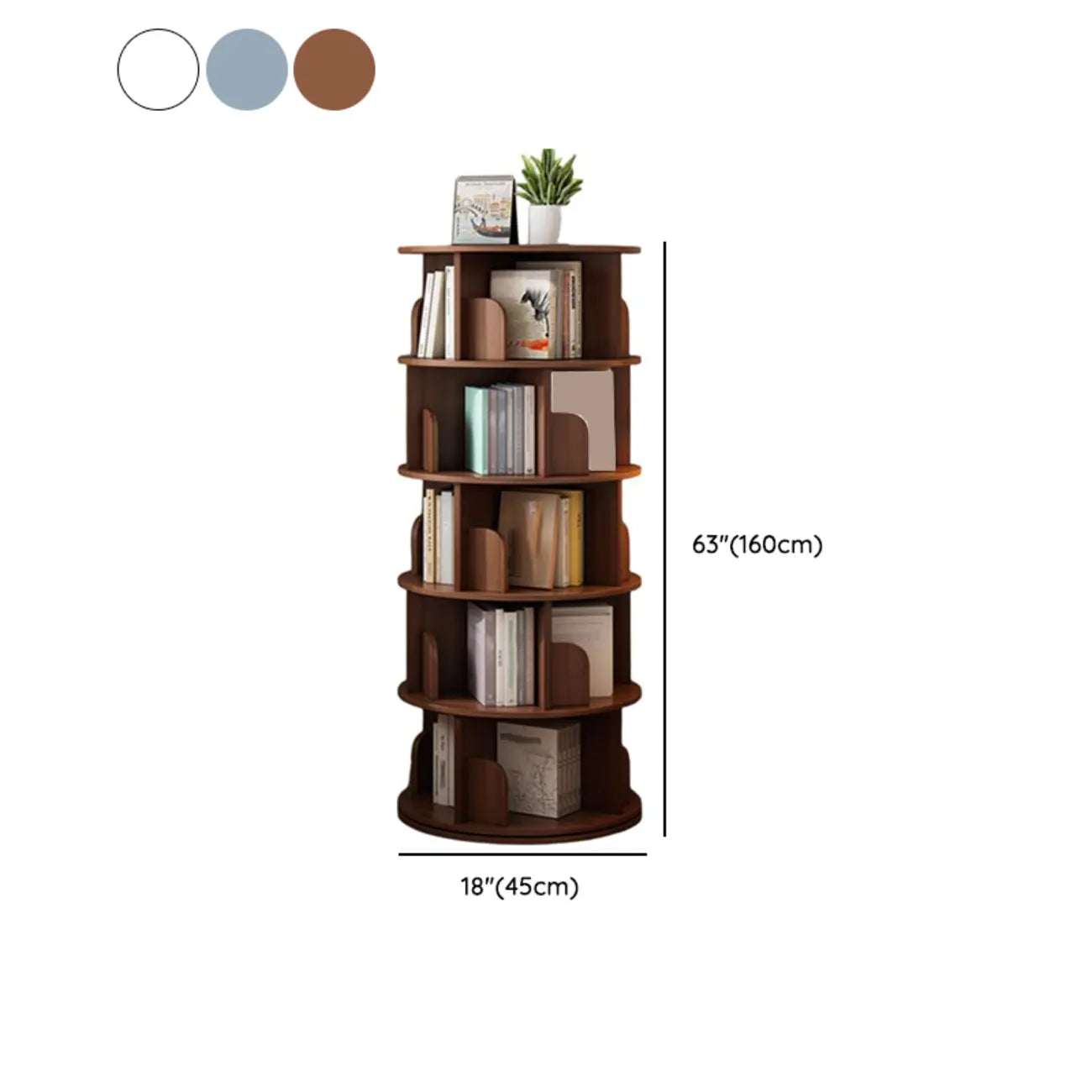 Bibliothèque cylindrique en bois brun à dos ouvert et rotative