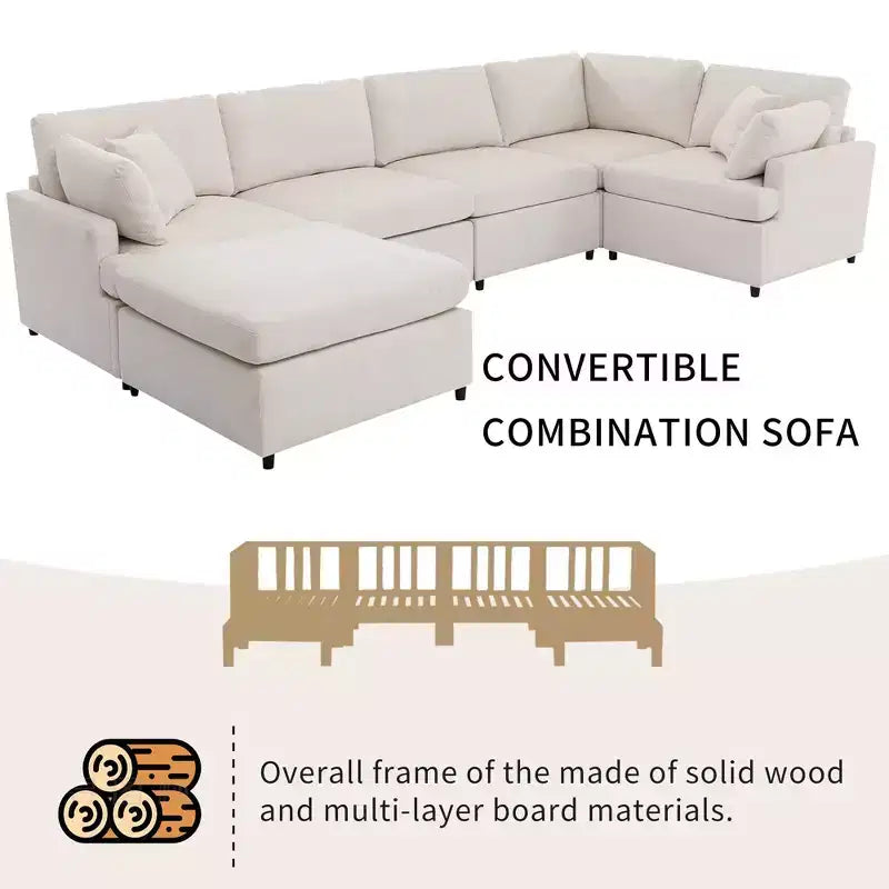Canapé sectionnel convertible en U Okak avec pouf mobile, canapé rembourré moderne à 6 places pour salon, appartement
