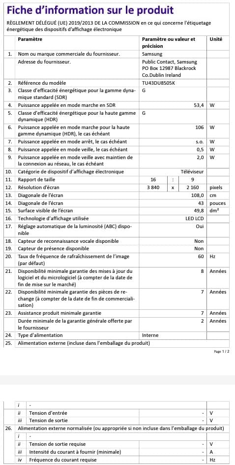 Samsung Téléviseur TU43DU8505 43" (43 Pouces) Crystal UHD 4K Smart TV 2024 [Classe énergétique G]