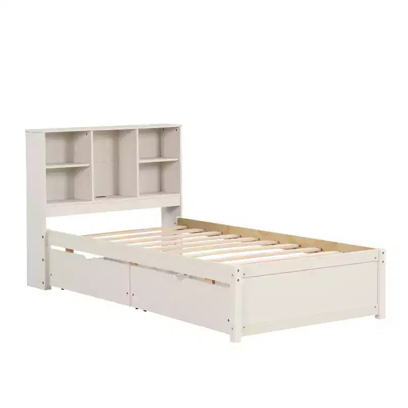Bellemave Lit plateforme jumeau avec tête de lit bibliothèque et 2 tiroirs de rangement, lit plateforme en panneau de particules avec port de chargement USB