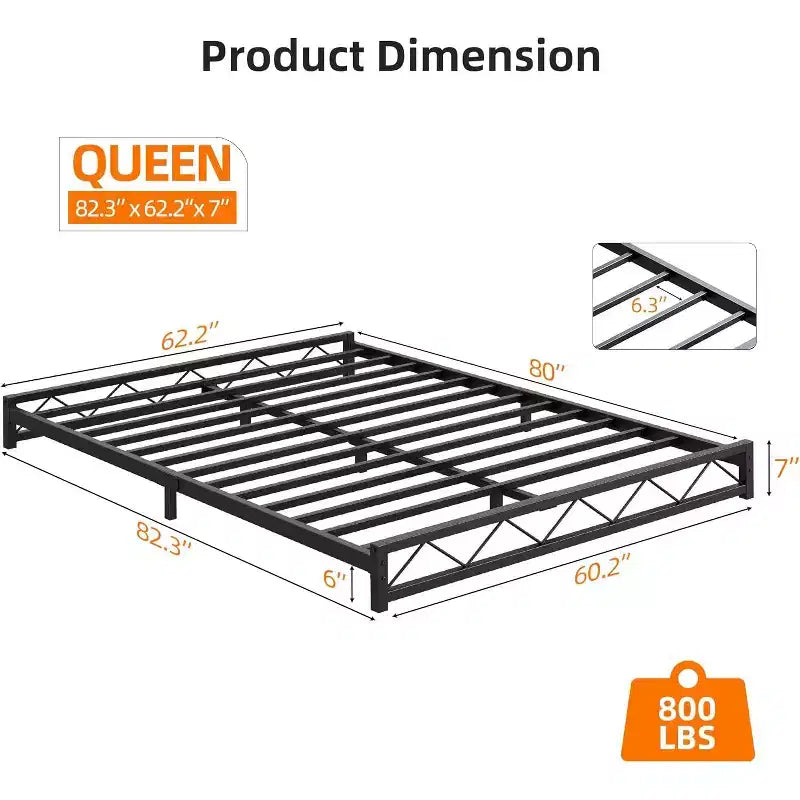Lit plateforme en métal ondulé 1 pièce – 6 profil bas taille Queen, lattes en acier, aucun sommier tapissier requis, convient aux matelas standards