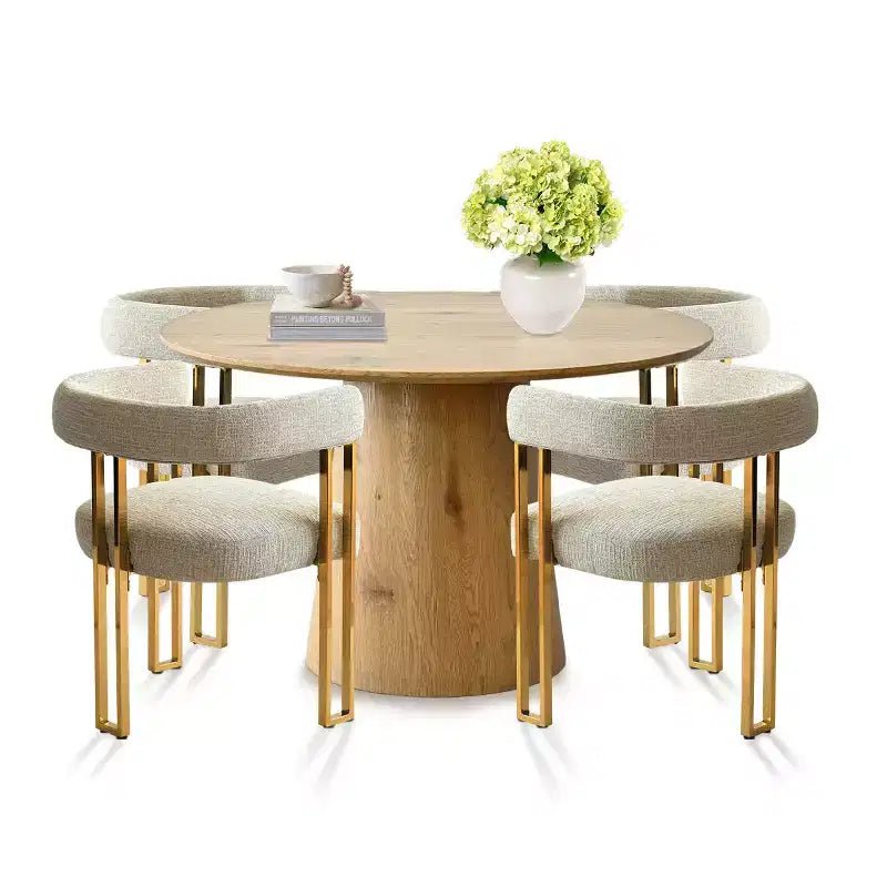 Ensemble table à manger ronde extensible en ovale avec 4 fauteuils en velours, design piédestal moderne, jusqu'à 8 personnes - Panipeachy