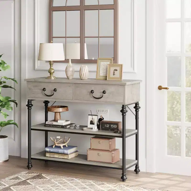 Console d'entrée, petite table d'entrée avec 2 tiroirs, table console étroite avec étagère de rangement pour salon