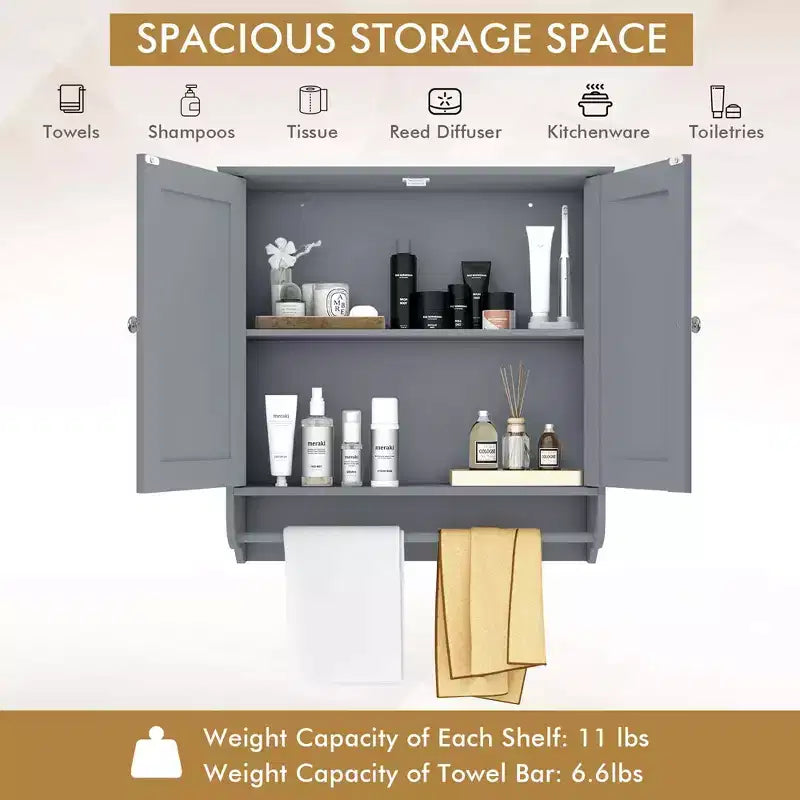 Armoire de salle de bain murale Costway avec barre porte-serviettes marron/gris
