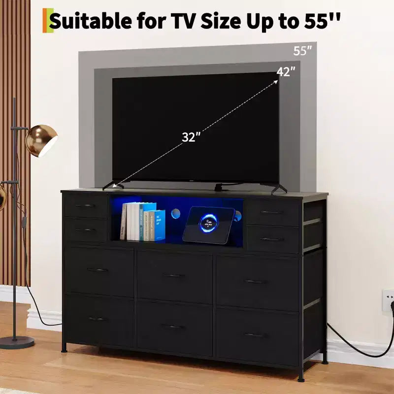 Commode de rangement à 10 tiroirs avec support TV, bande lumineuse LED et prises électriques, commode en tissu avec plateau en bois, meuble TV pour téléviseur de 55 pouces, commode de rangement