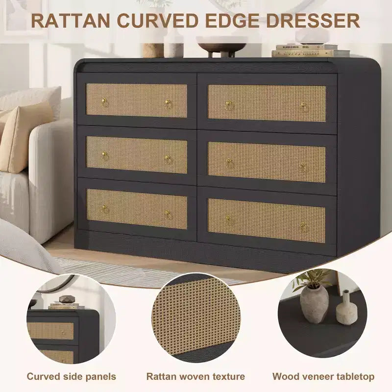 Commode à 6 tiroirs en rotin pour chambre à coucher, commode en bois de 117 cm de large, meuble TV, organisateur de rangement pour vêtements pour salon, noir
