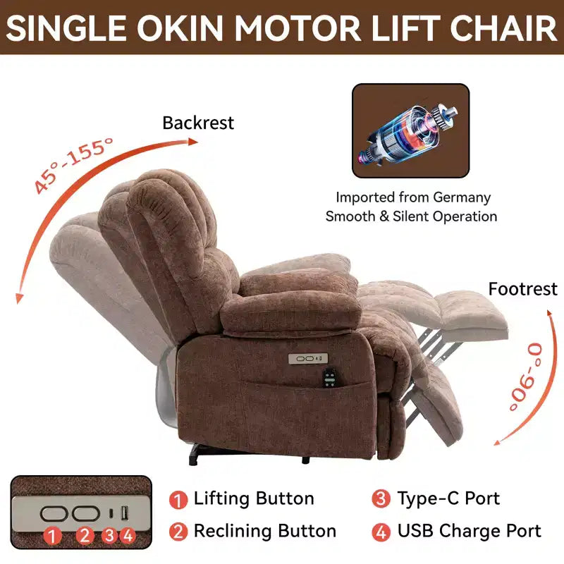 CLIHOME Fauteuil inclinable électrique releveur en chenille grande taille, largeur d'assise 23 pouces et dossier haut, avec massage vibrant 8 points et chauffage lombaire