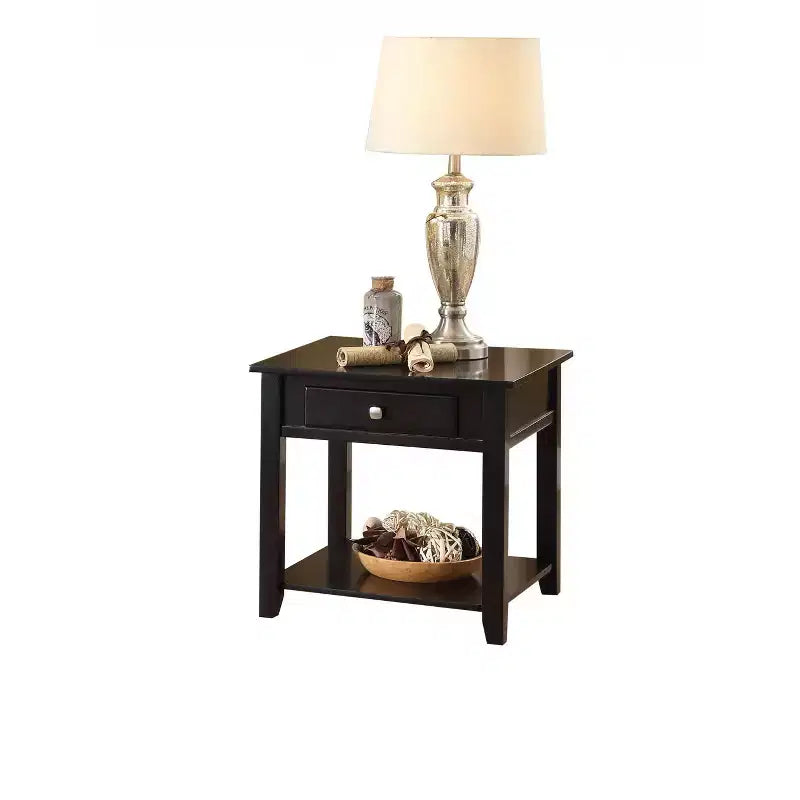 Table d'appoint carrée HomeRoots 22 en bois manufacturé noir avec tiroir et étagère