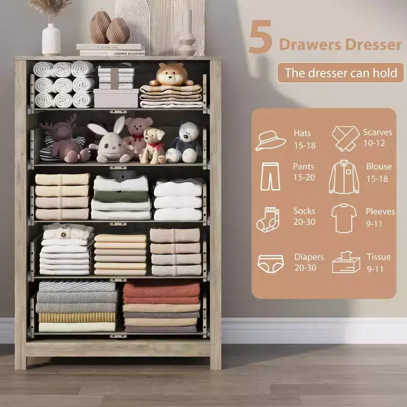 Commode moderne à 5 tiroirs avec rangement profond, coffre en bois élégant pour chambre à coucher, salon, entrée, offrant un grand espace pour une décoration intérieure organisée