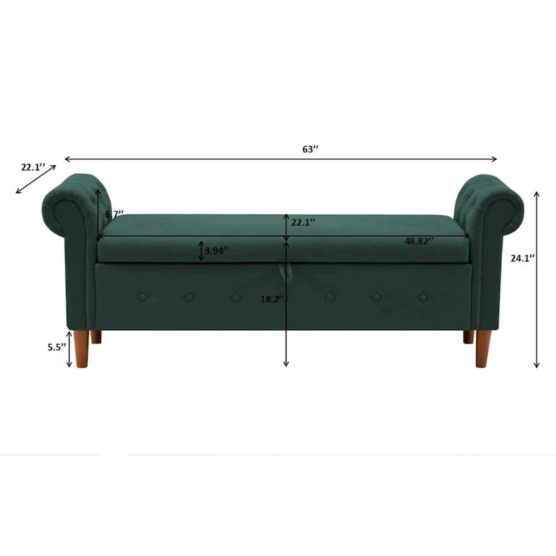 Banc de rangement pour chambre, bout de lit, accoudoirs roulés, canapé ottoman en velours, long banc