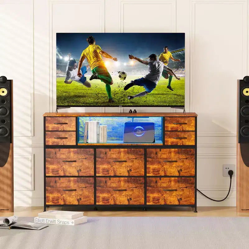 Commode de rangement à 10 tiroirs avec support TV, bande lumineuse LED et prises électriques, commode en tissu avec plateau en bois, meuble TV pour téléviseur de 55 pouces, commode de rangement