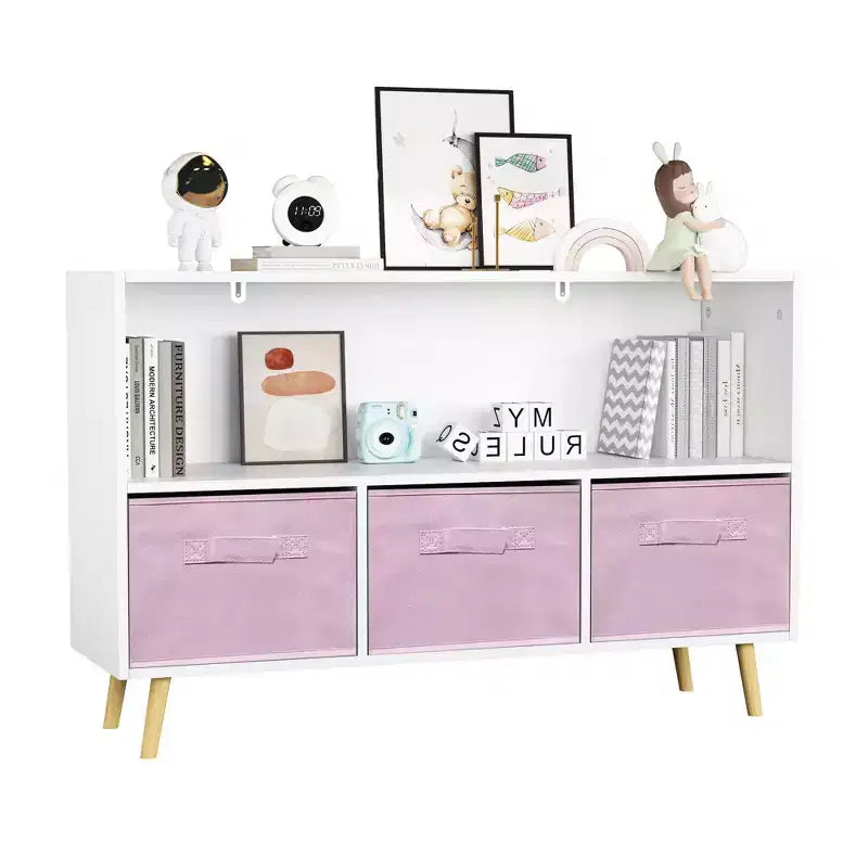 Commode de chambre Okak avec 3 tiroirs en tissu pliable, grand placard de rangement pour jouets, étagère à livres pour enfants pour couloir et chambre d'enfant