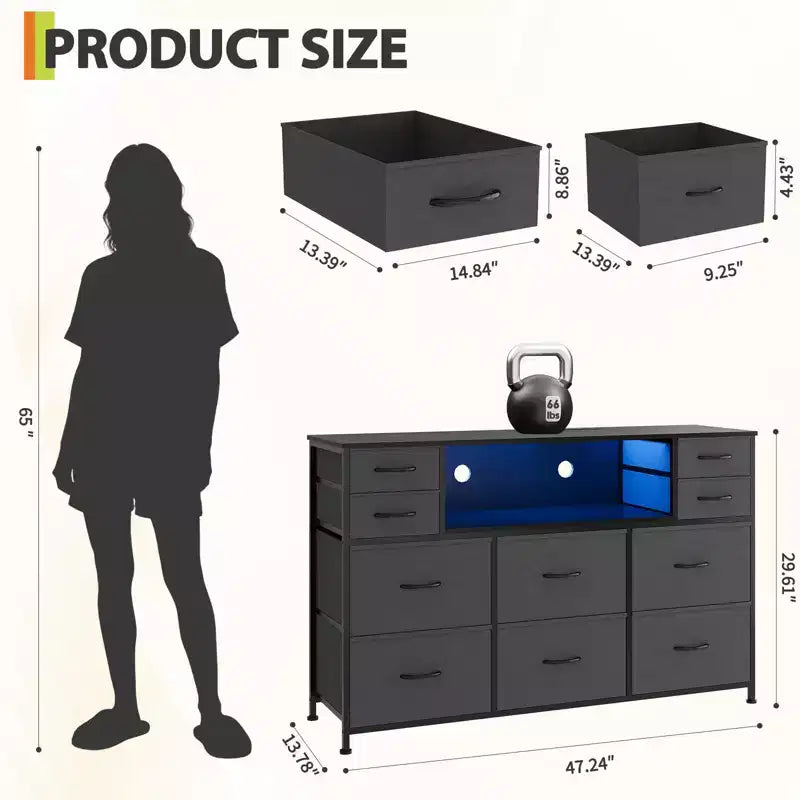Commode de rangement à 10 tiroirs avec support TV, bande lumineuse LED et prises électriques, commode en tissu avec plateau en bois, meuble TV pour téléviseur de 55 pouces, commode de rangement