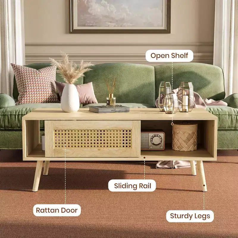 39.4 Table basse bohème en rotin, table de salon moderne en bois avec porte coulissante et étagère de rangement ouverte, patins antidérapants